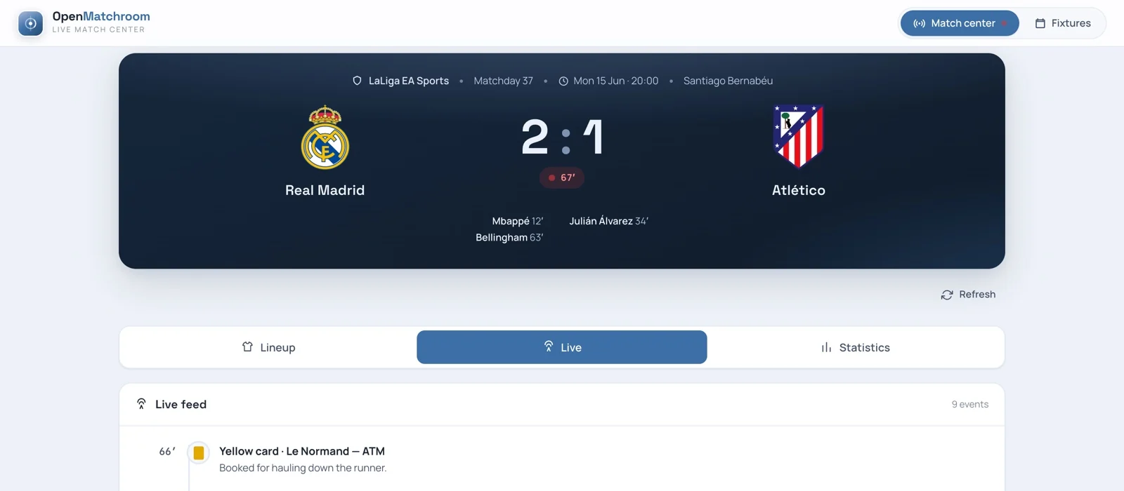 OpenMatchroom live match center — scoreboard with the Lineup, Live and Statistics tabs